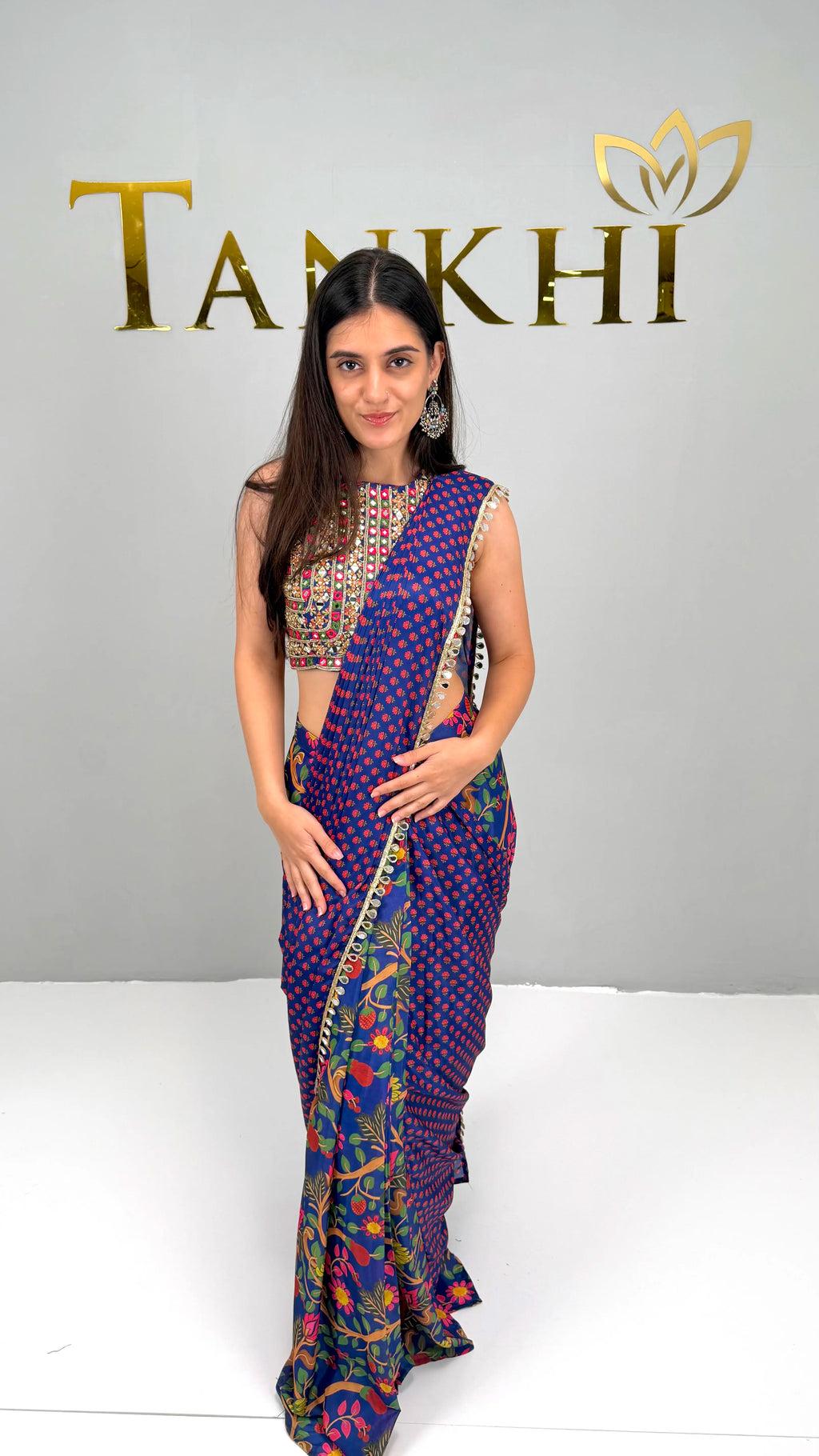 In-cut Blouse, Skirt with a drape attached - 2pc