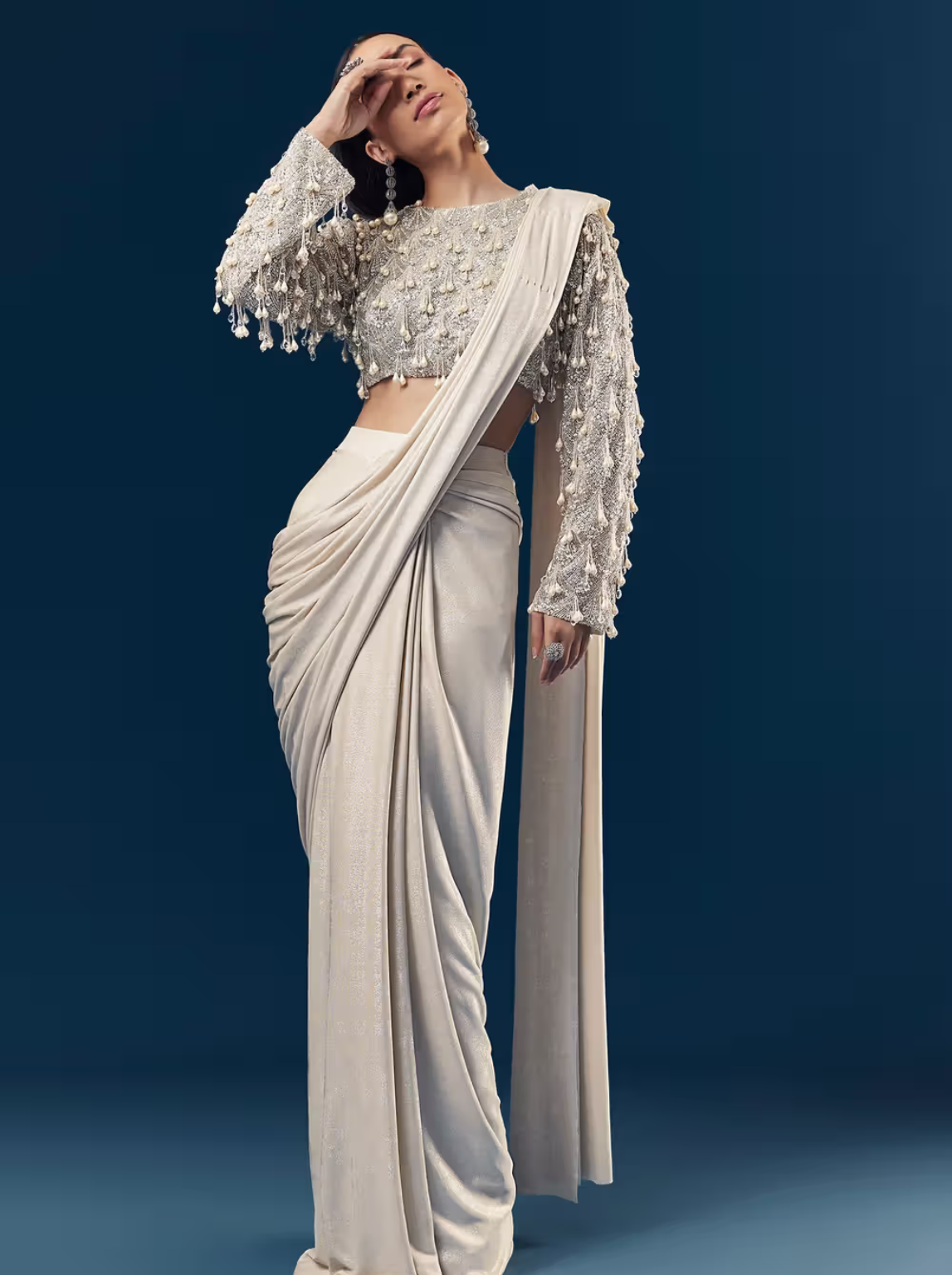 Silver Ready Pleated Indo Western Saree