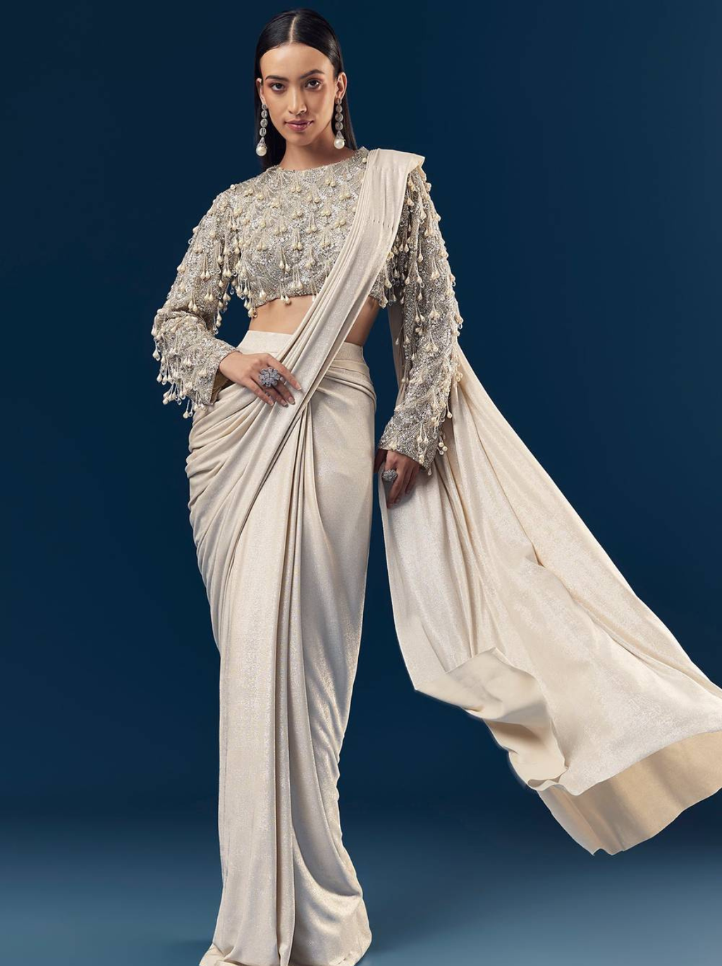 Silver Ready Pleated Indo Western Saree