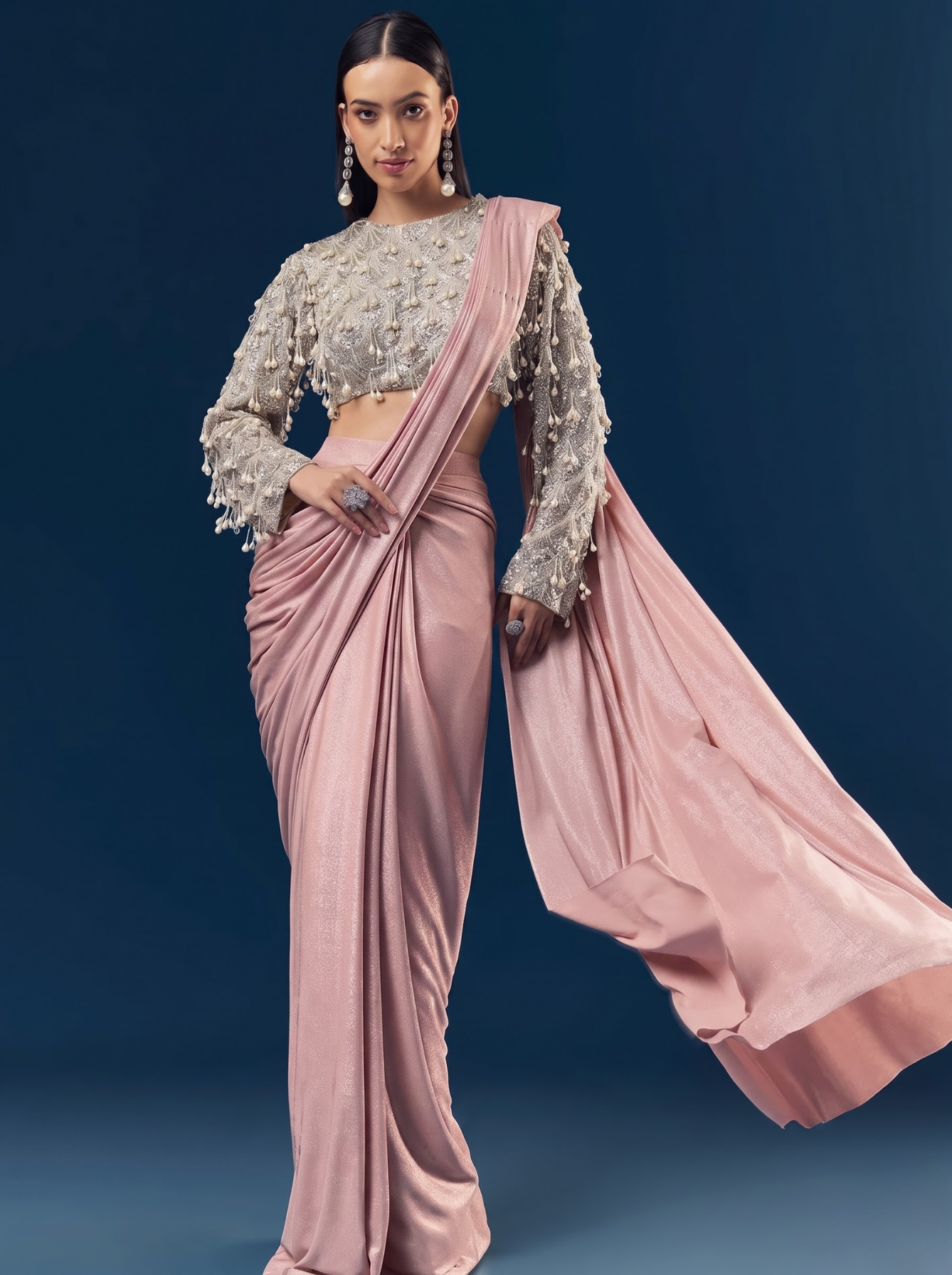 Silver Ready Pleated Indo Western Saree