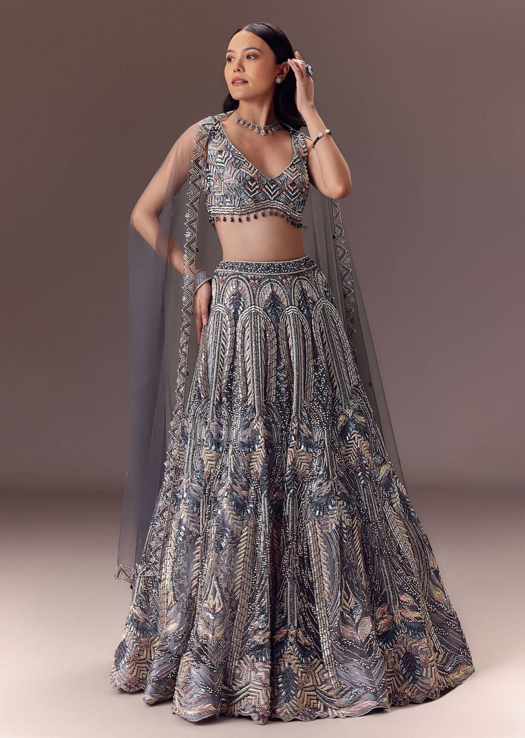 Net Lehenga Set With Cape Style Dupatta