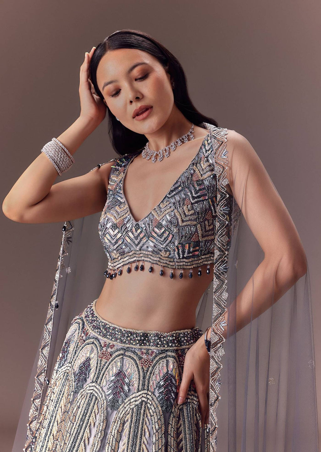 Net Lehenga Set With Cape Style Dupatta