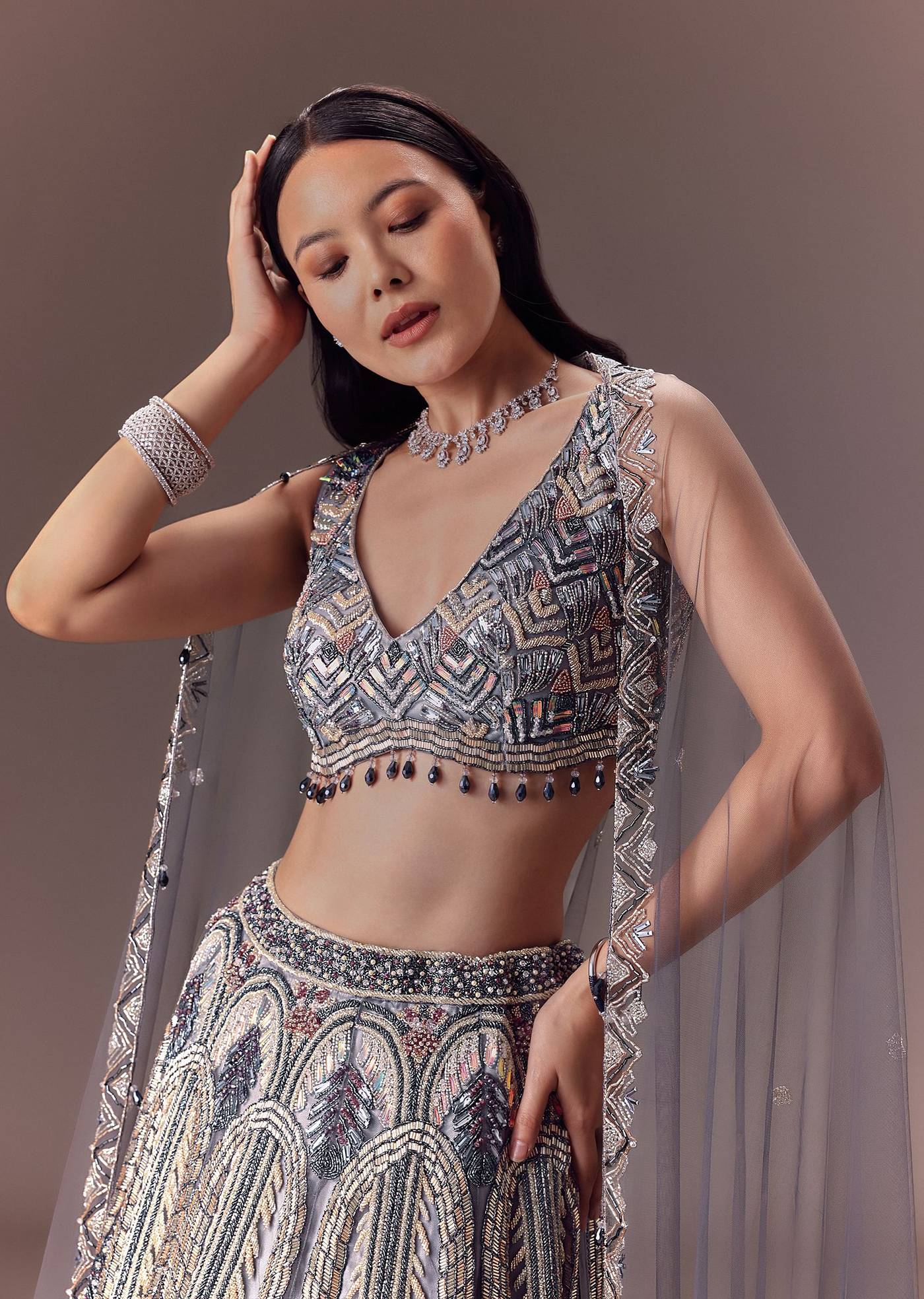 Net Lehenga Set With Cape Style Dupatta