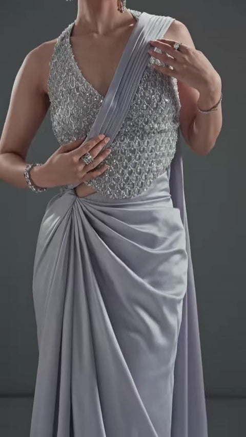 Silver Satin Drape Saree
