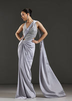 Silver Satin Drape Saree