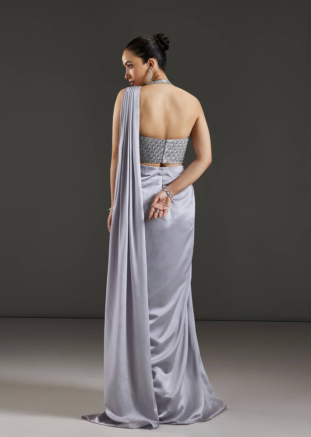 Silver Satin Drape Saree