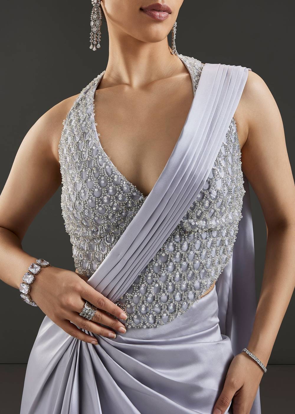 Silver Satin Drape Saree